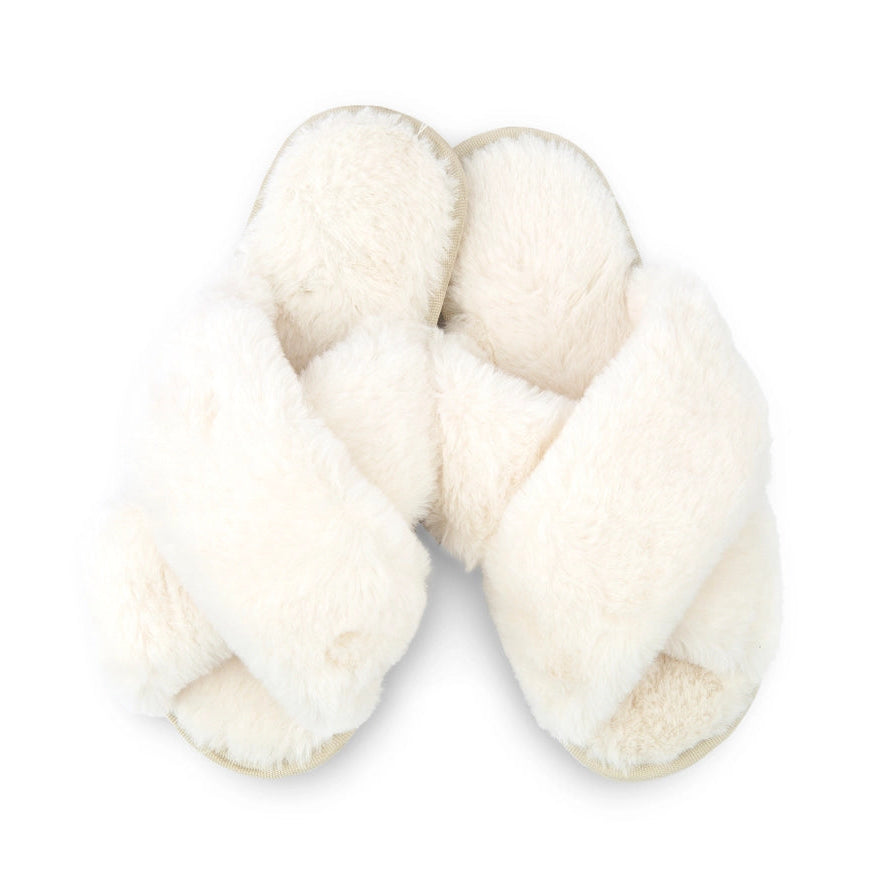 Plush Crossband Slide House Slippers WHITE