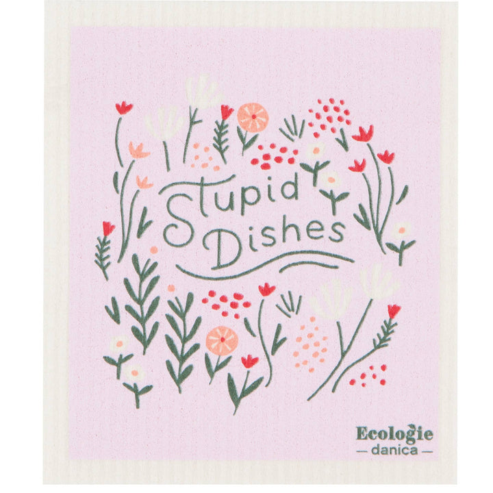 Cleaning cloth with floral design and text on a light purple background
