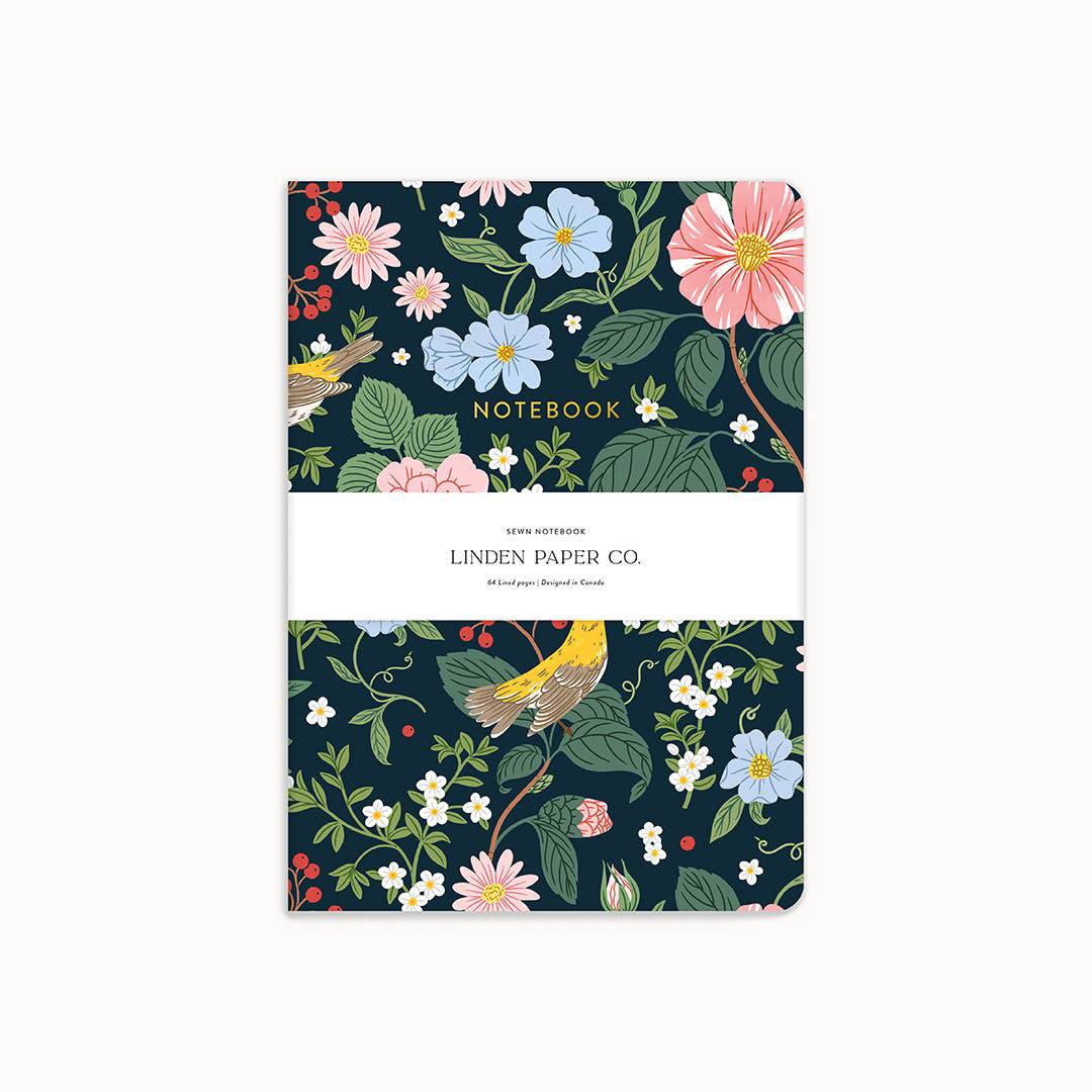 Warbler Floral sewn notebook by Linden Paper Co., featuring a colorful floral cover, perfect for writing and stationary use.