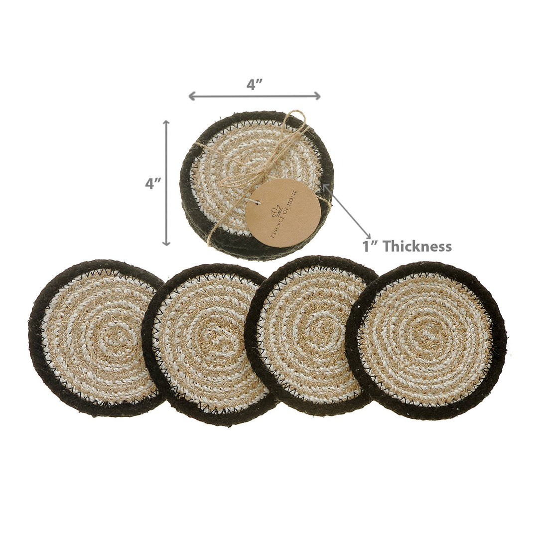 4 Pc Round Black Line Braided Coaster: Multi
