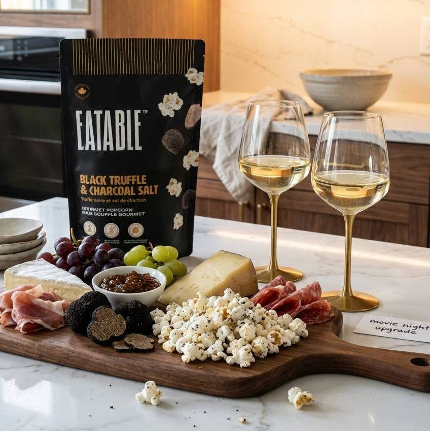Eatable black truffle and charcoal salt packaging on a charcuterie board with wine glasses in a kitchen setting.