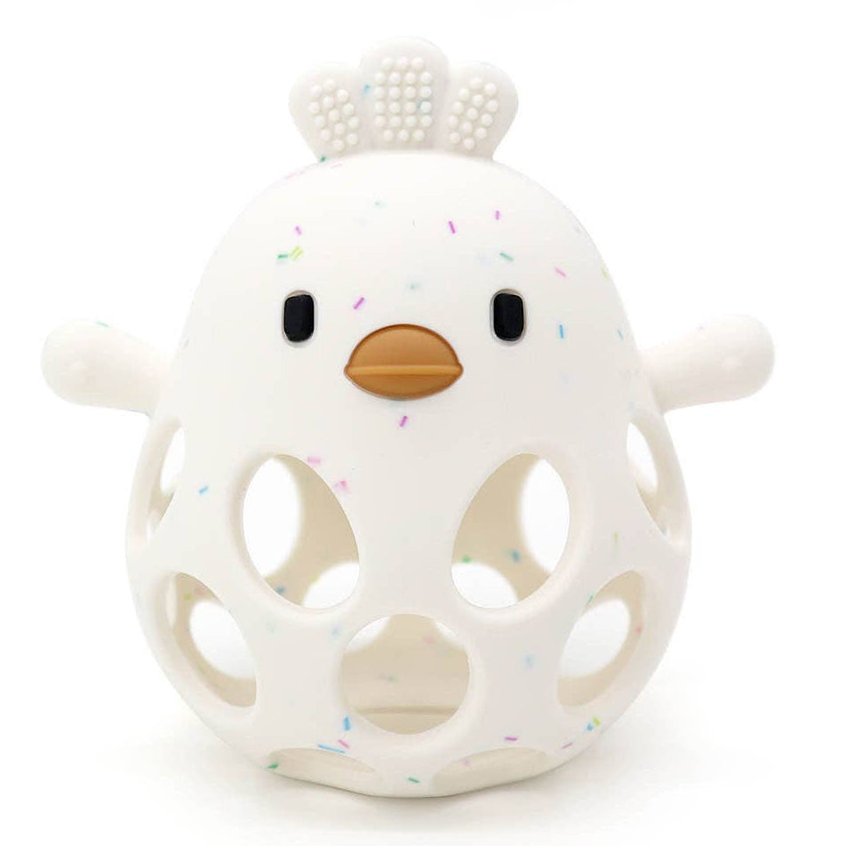White chick-shaped teething toy with a brown beak on a white background