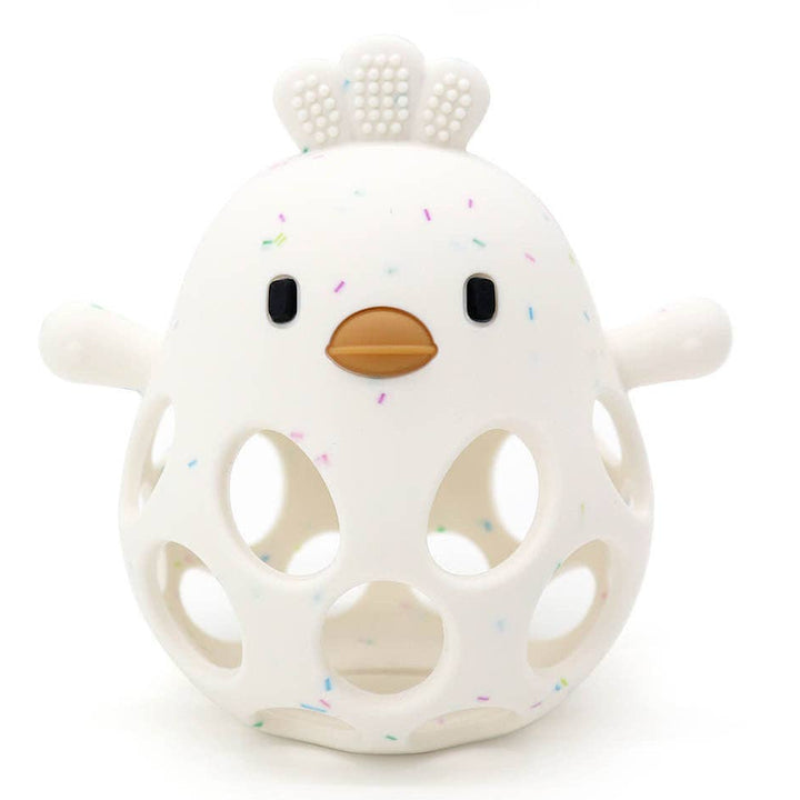 White chick-shaped teething toy with a brown beak on a white background