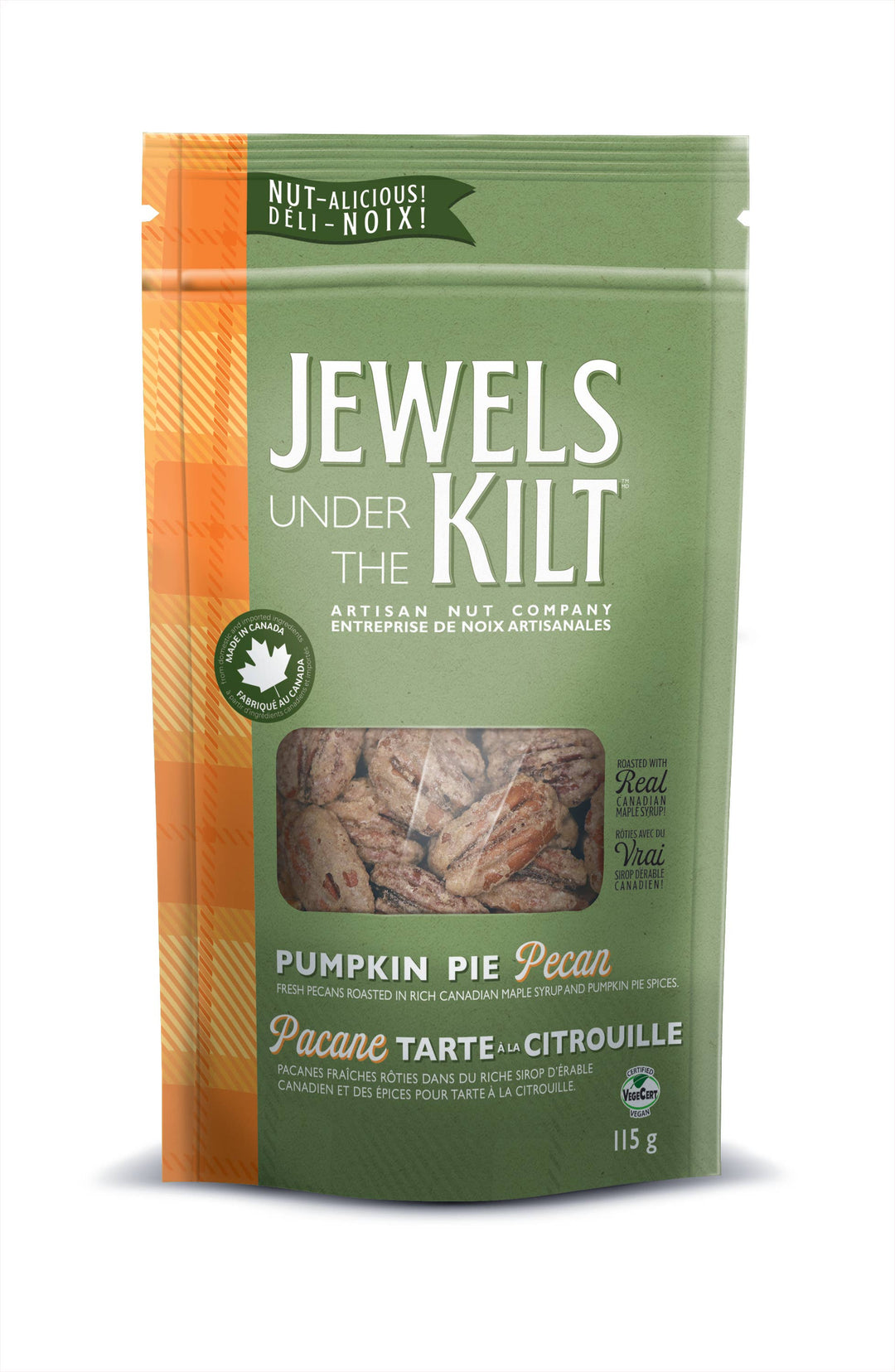A 115 g bag of Jewels Under the Kilt Pumpkin Pie Pecan, featuring a green and orange package design with a clear window showing the pecans inside.