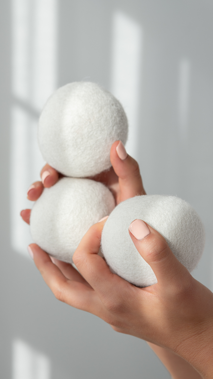 Hand holding three white spherical objects against a light background