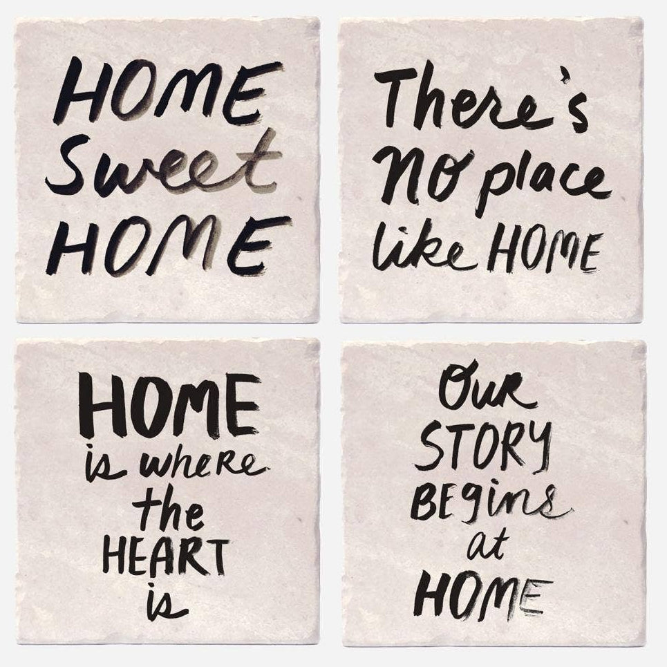Set of four 4x4 inch housewarming coasters by Versatile Coasters Canada, featuring decorative patterns on wood surfaces.