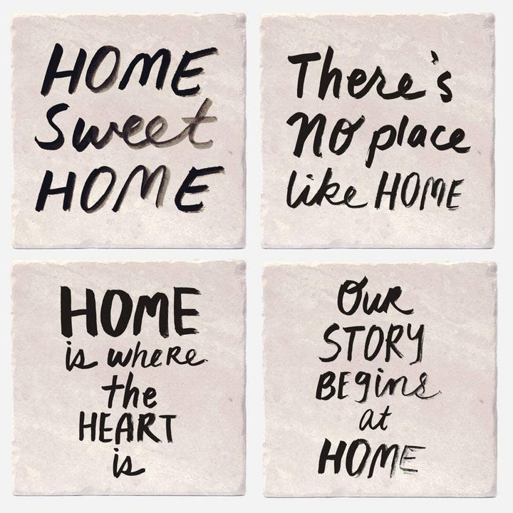 Set of four 4x4 inch housewarming coasters by Versatile Coasters Canada, featuring decorative patterns on wood surfaces.