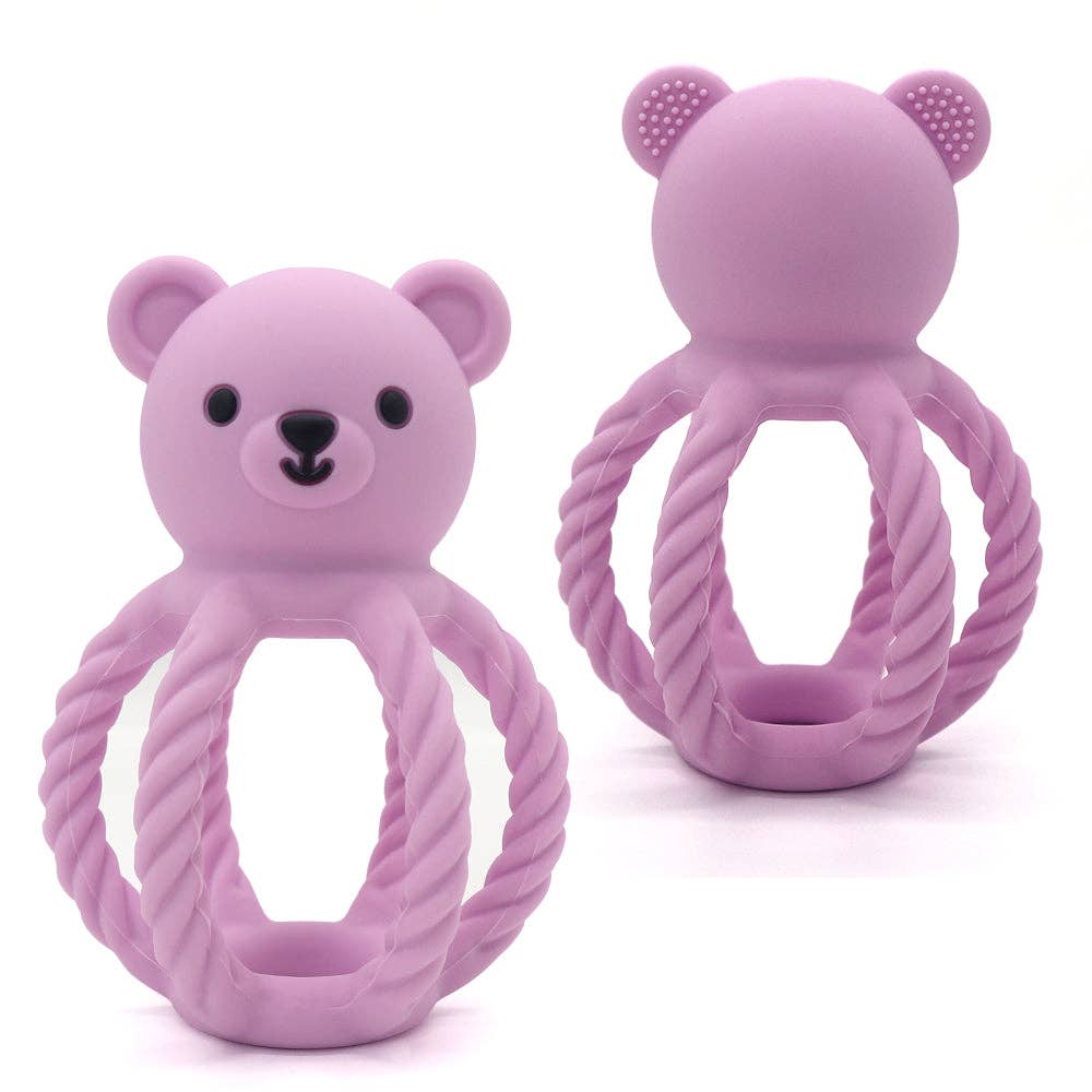 Lilac Teddy the Teething Bear by Peaks & Valleys Baby, soft plush teether with textured surface for soothing gums.