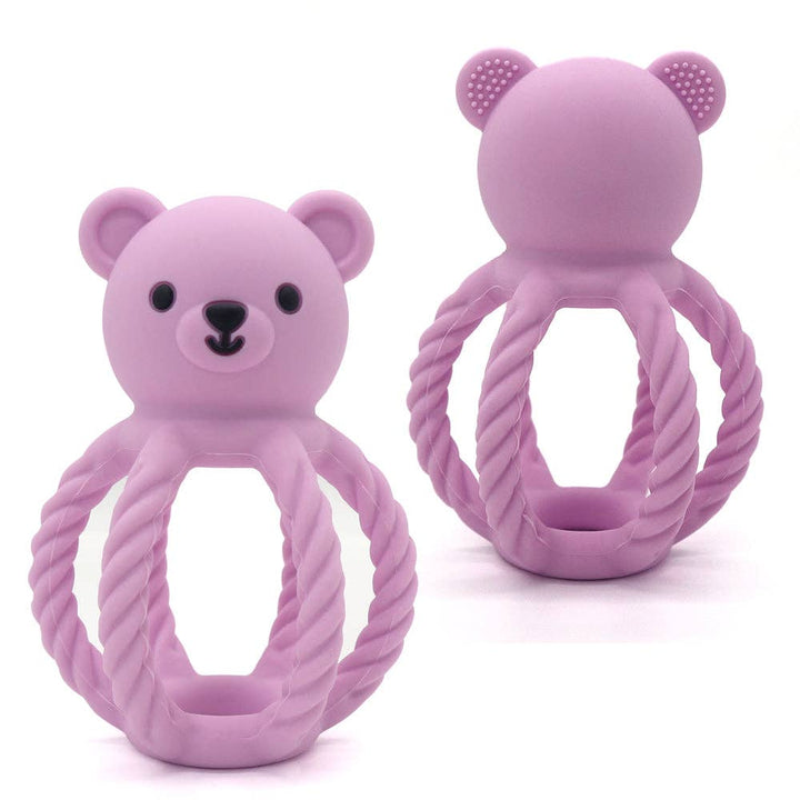 Lilac Teddy the Teething Bear by Peaks &amp; Valleys Baby, soft plush teether with textured surface for soothing gums.