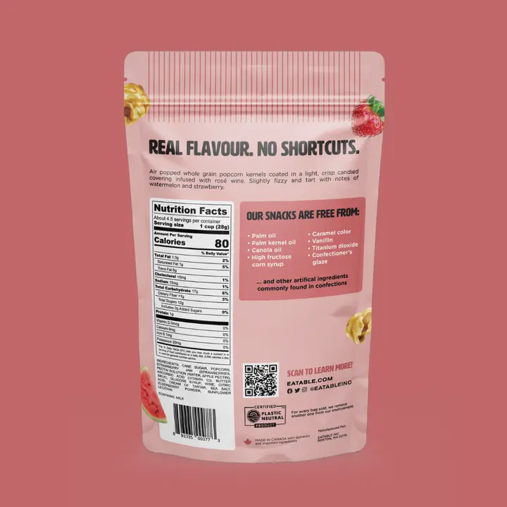 Snack package with nutritional information and ingredient list on a pink background