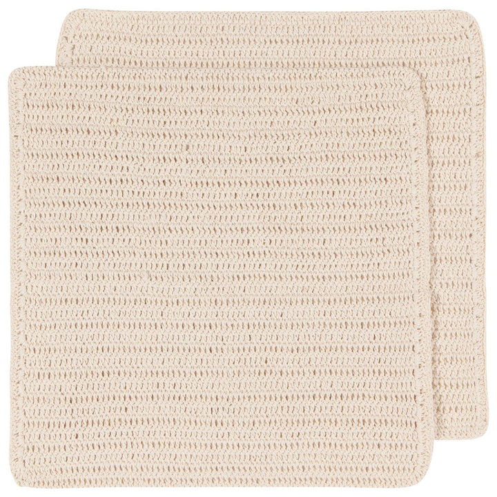 Two square cream-colored crocheted placemats with a textured knit pattern, stacked slightly offset on a plain white background.