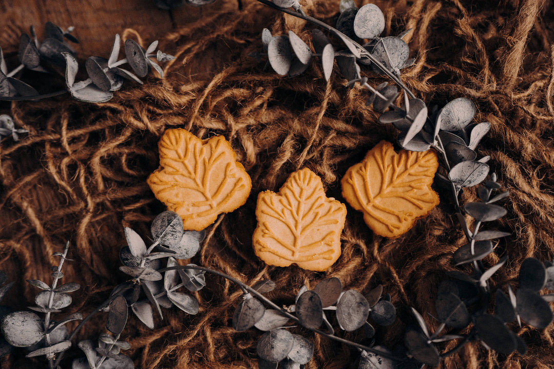 Three leaf-shaped cookies on a textured surface with eucalyptus leaves