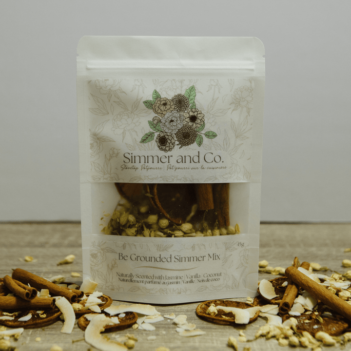 Simmer &amp; Co Be Grounded simmer pot mix with natural herbs and spices in a bowl, ready for home use and aromatic simmering.