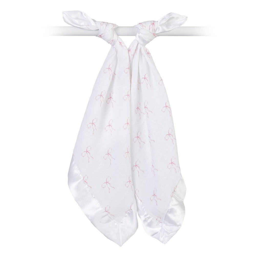 Two Lulujo Baby cotton security blankets with bow designs, soft and cozy for infants, shown folded with decorative bows.