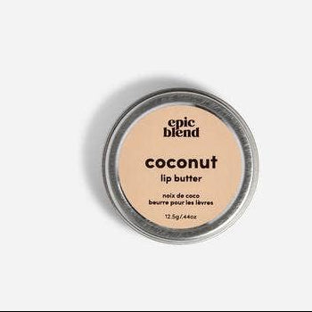 Coconut lip butter container with 'epic blend' branding on a white background