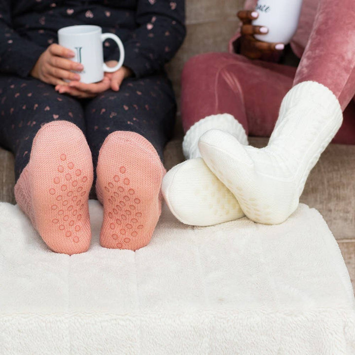 Cozy Sherpa Lined Cable Knit Slipper Socks: Blush