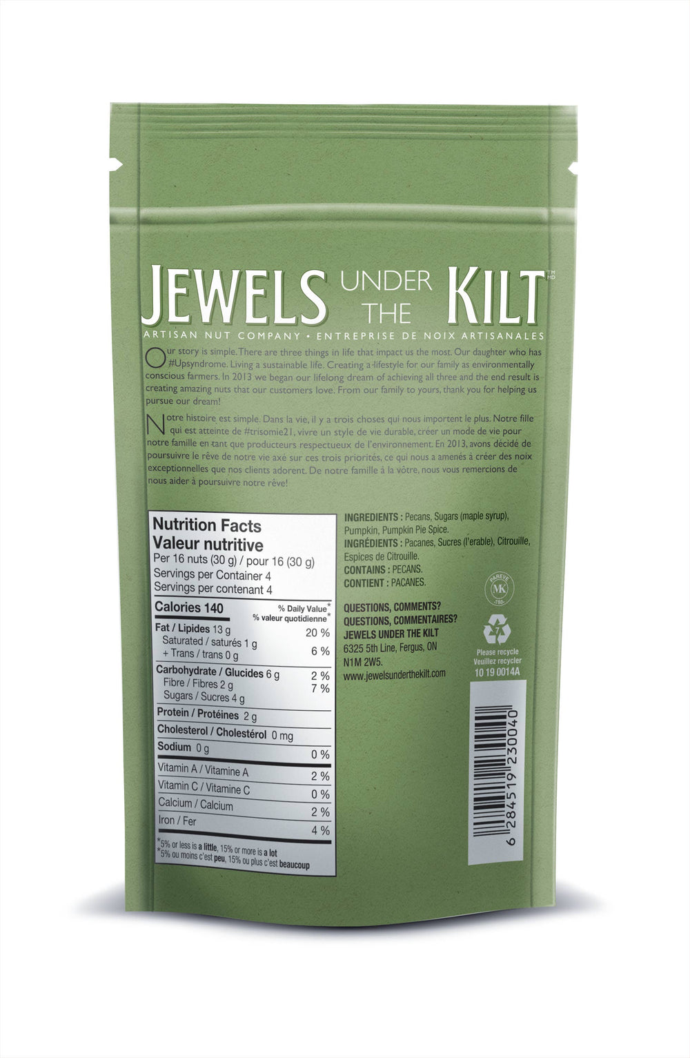 The back of a green stand-up pouch for 'Jewels Under The Kilt' artisan nut company, featuring product details, nutrition facts, ingredients, and a barcode on a white background.