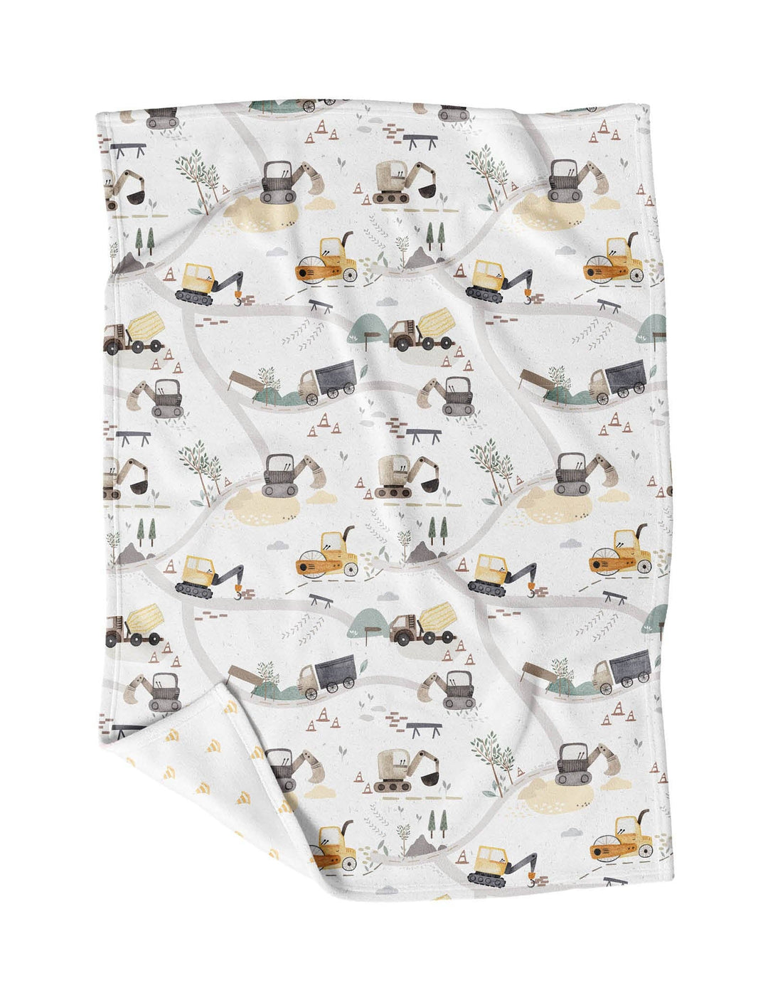 Baby blanket with construction vehicle pattern on a white background
