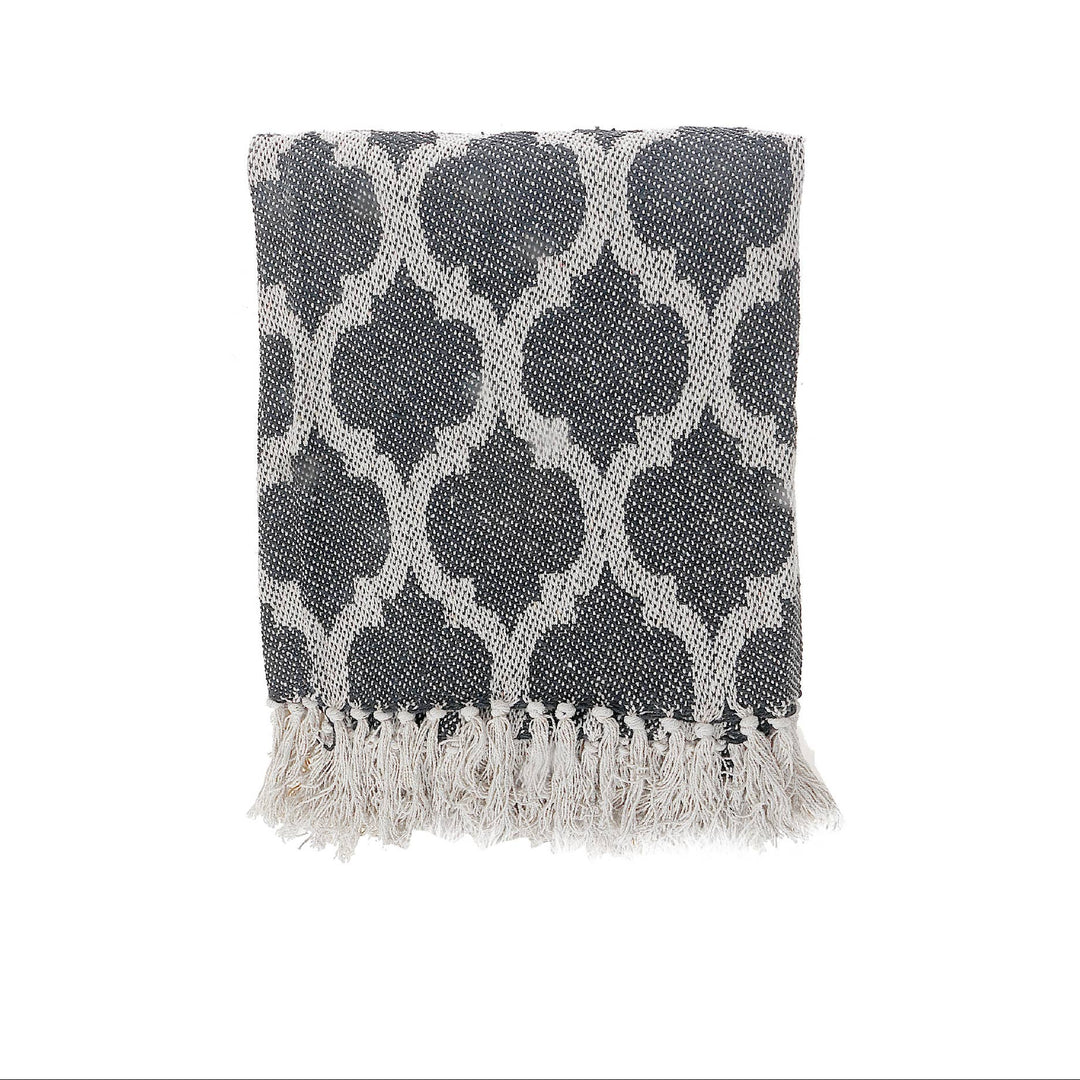 Moroccan Tile Cotton Throw With Fringe Black 50"X60": Black