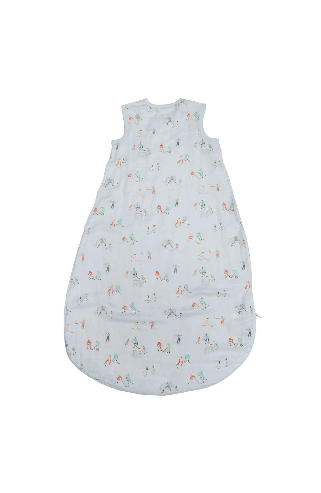 A sleeveless baby sleep bag in a very light icy blue fabric, featuring a delicate all-over print of small colorful cartoon animals and figures, shown against a plain white background.