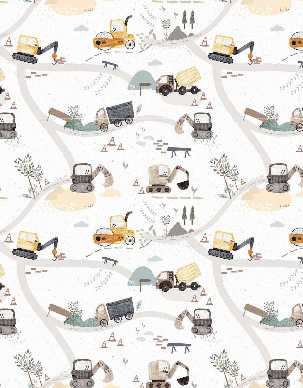 Pattern of construction vehicles and equipment on a white background