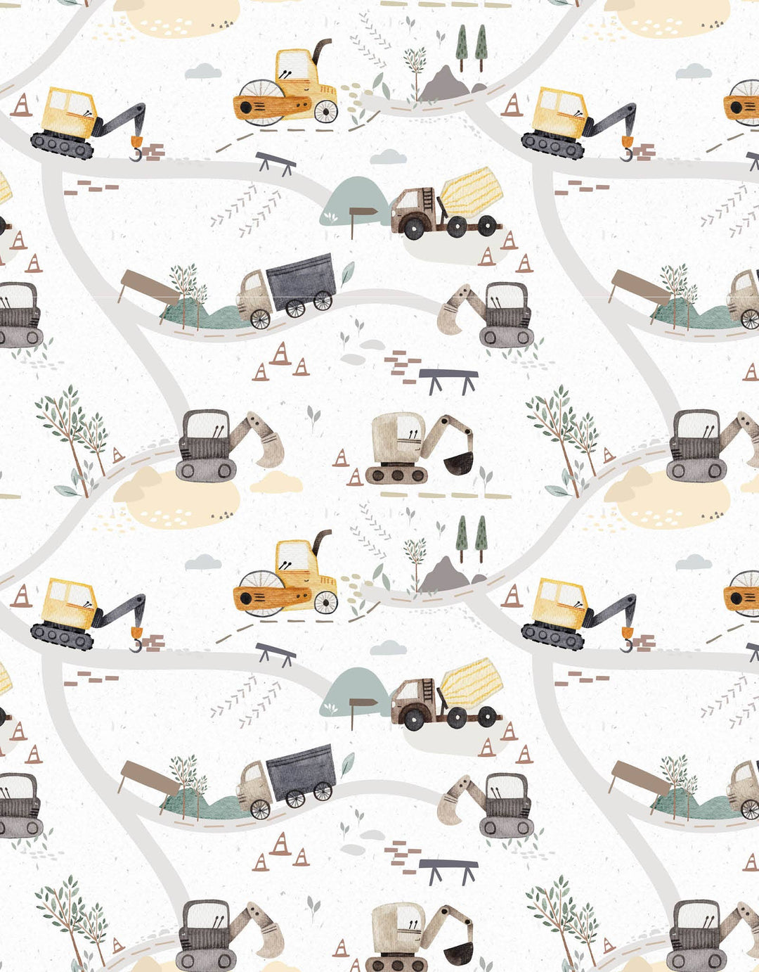 Pattern of construction vehicles and equipment on a white background
