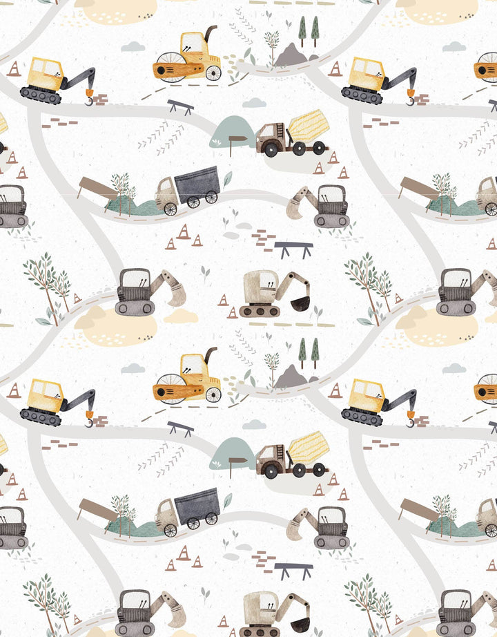 Pattern of construction vehicles and equipment on a white background