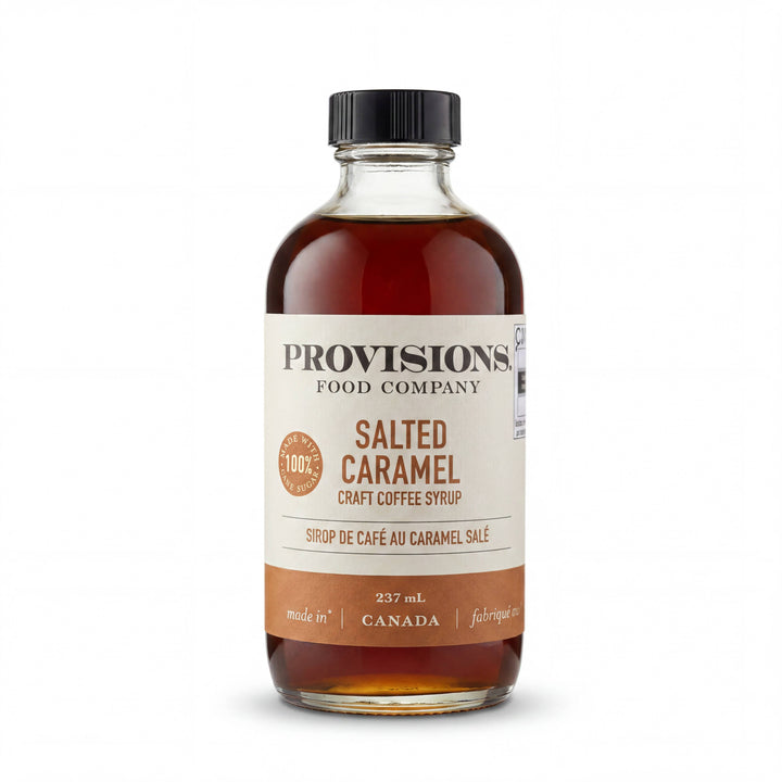 Bottle of Provisions Salted Caramel Craft Coffee Syrup on a white background