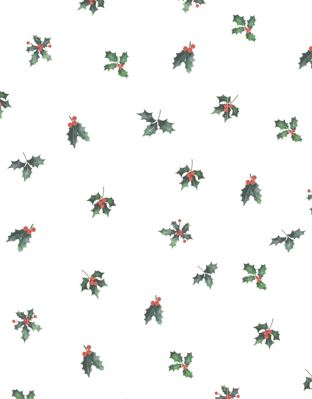A repeating pattern of watercolor holly leaves with small red berries on a plain white background.