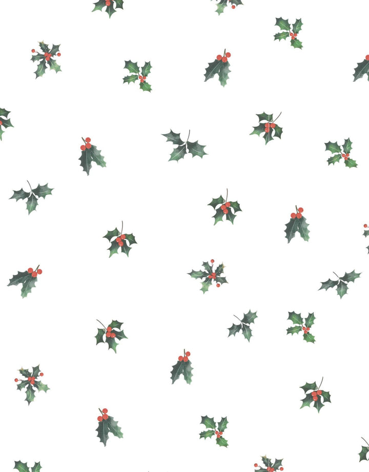 A repeating pattern of watercolor holly leaves with small red berries on a plain white background.