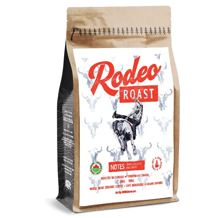Coffee bag labeled 'Rodeo Roast' with a graphic of a person on a horse.