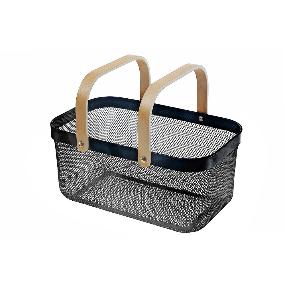 Black rectangle iron mesh storage basket with handles from IH Casa Decor, ideal for organizing household items.