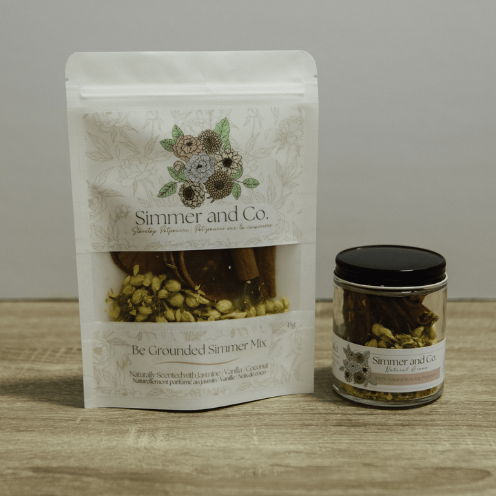 Simmer &amp; Co Be Grounded simmer pot mix in a jar, natural home goods aroma blend with dried herbs and spices for home fragrance.