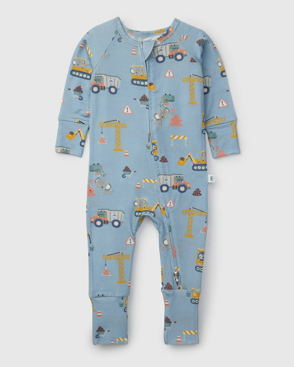 Blue baby onesie with construction vehicle pattern on a white background