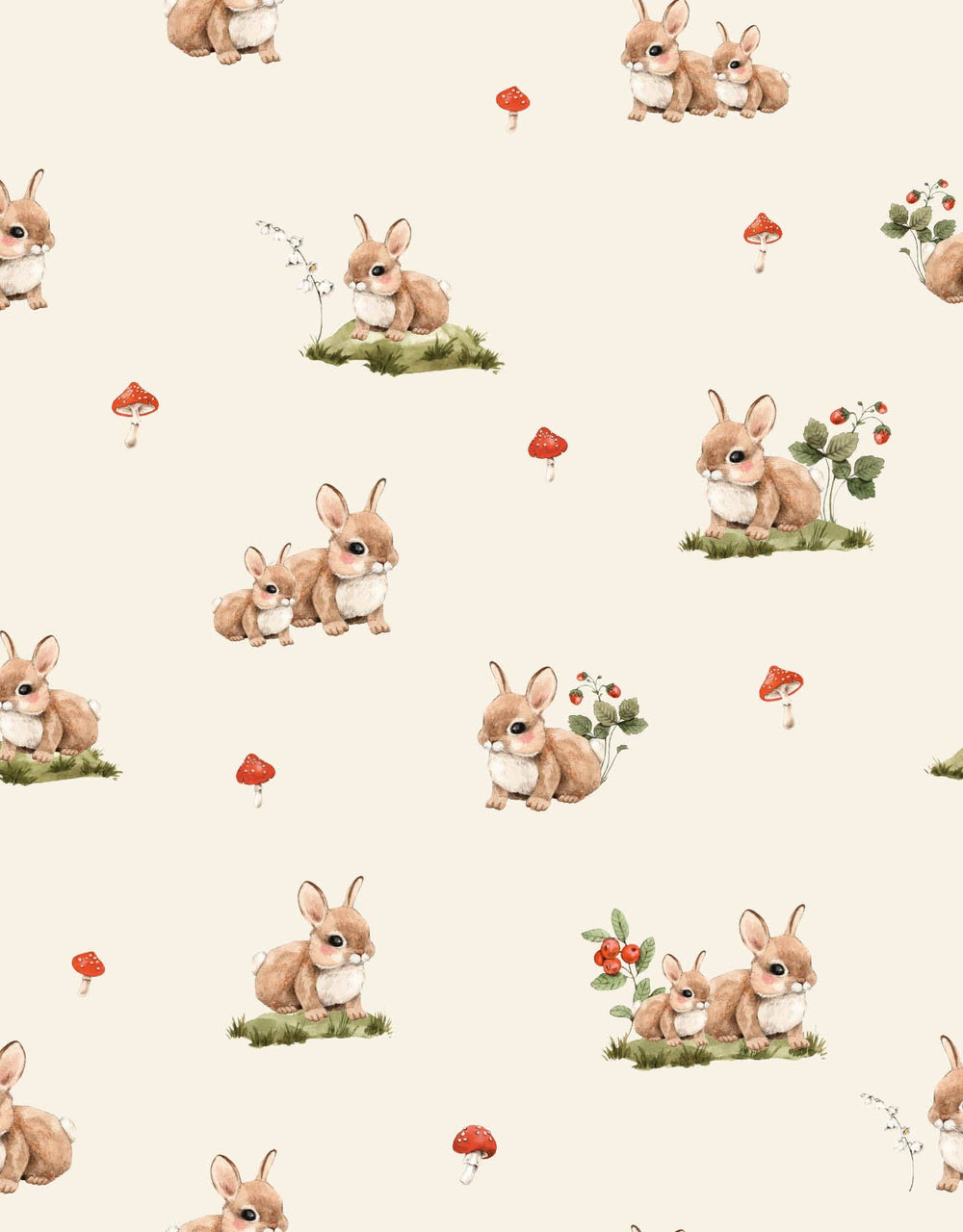 A repeating watercolor pattern of small brown rabbits, red mushrooms, and green plants on a warm cream background.