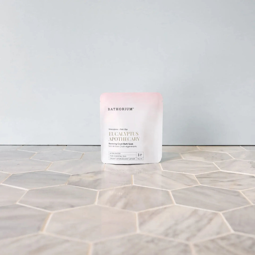 Bathorium Eucalyptus Apothecary product on a tiled floor with a light gray background