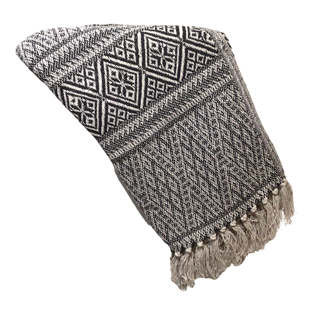 A folded woven throw blanket with a black and gray geometric diamond pattern and fringed edges, shown on a plain white background.