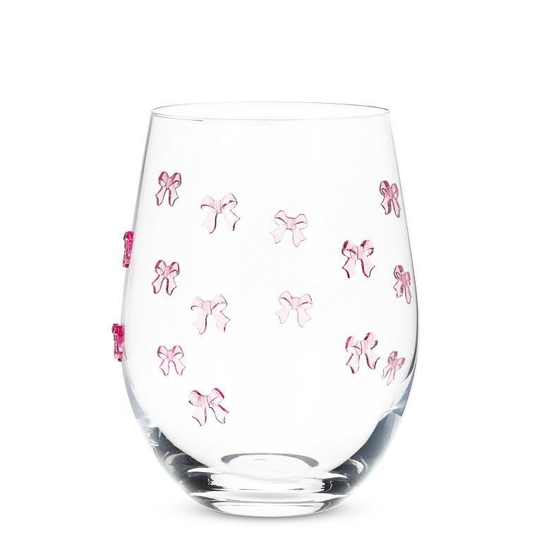 Clear glass with pink bow patterns on a white background