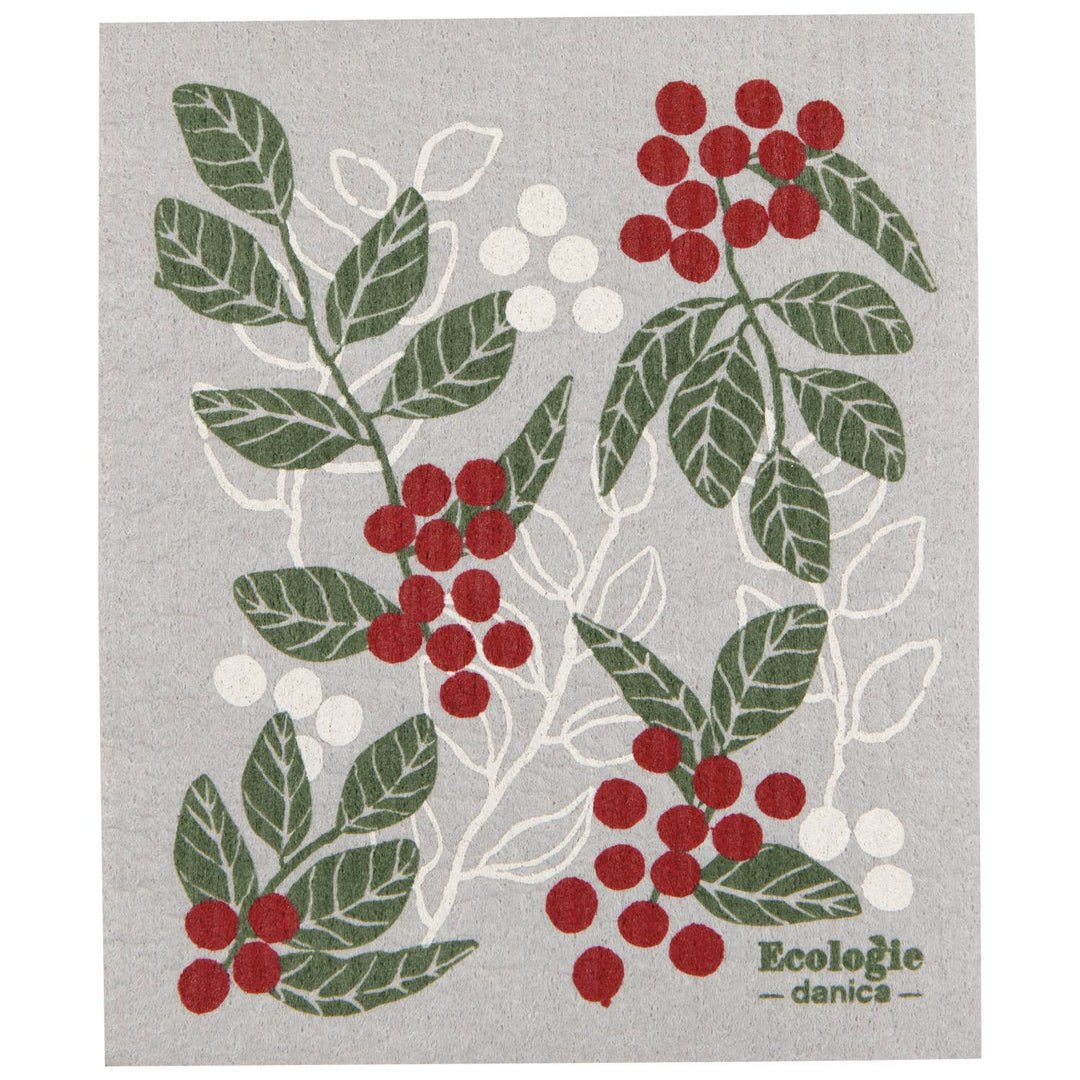 Dishtowel with red berries and green leaves on a gray background, featuring the brand 'Ecoágic danica'.