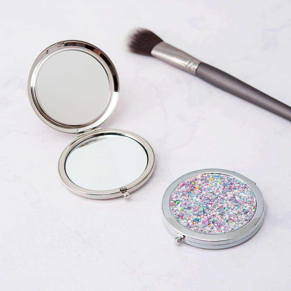 Silver Rainbow Glitter Compact Mirror