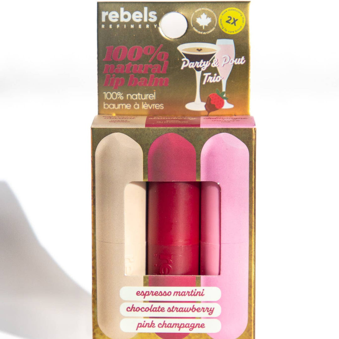 Packaged lip balm set with two lip balms and a box on a white background