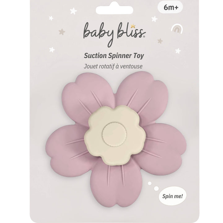 Baby Bliss suction spinner toy in a dusty pink flower shape with a cream-colored center, packaged on a light gray card labeled &