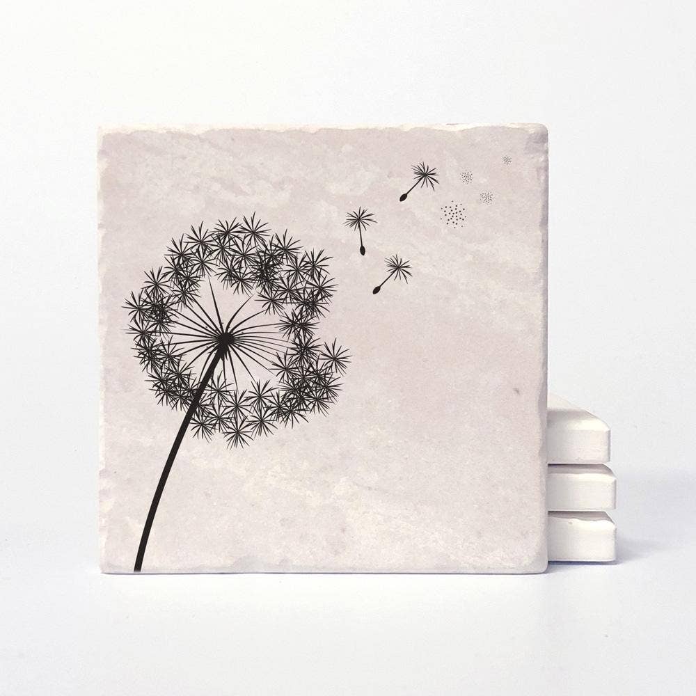 Set of four Dandelion Coasters from Versatile Coasters Canada, 4x4 inches, featuring detailed dandelion flower designs.