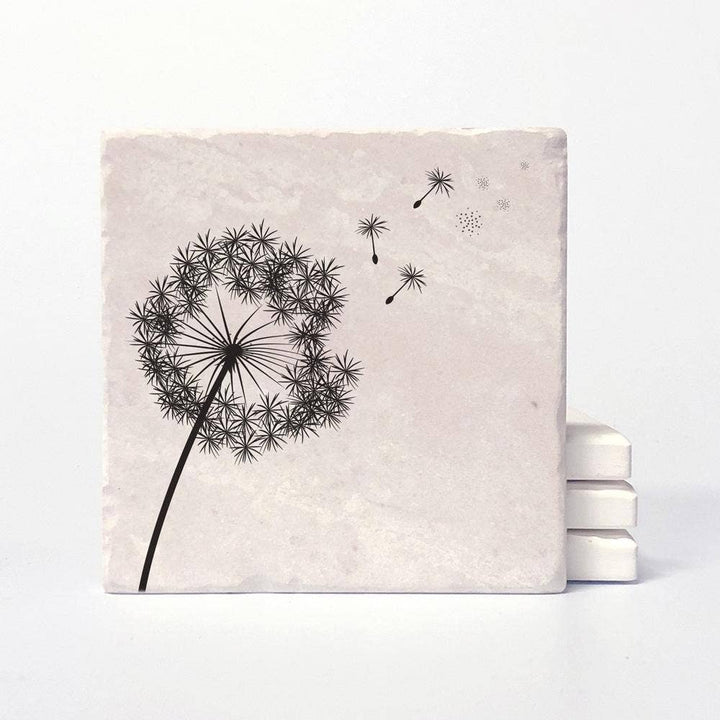 Set of four Dandelion Coasters from Versatile Coasters Canada, 4x4 inches, featuring detailed dandelion flower designs.