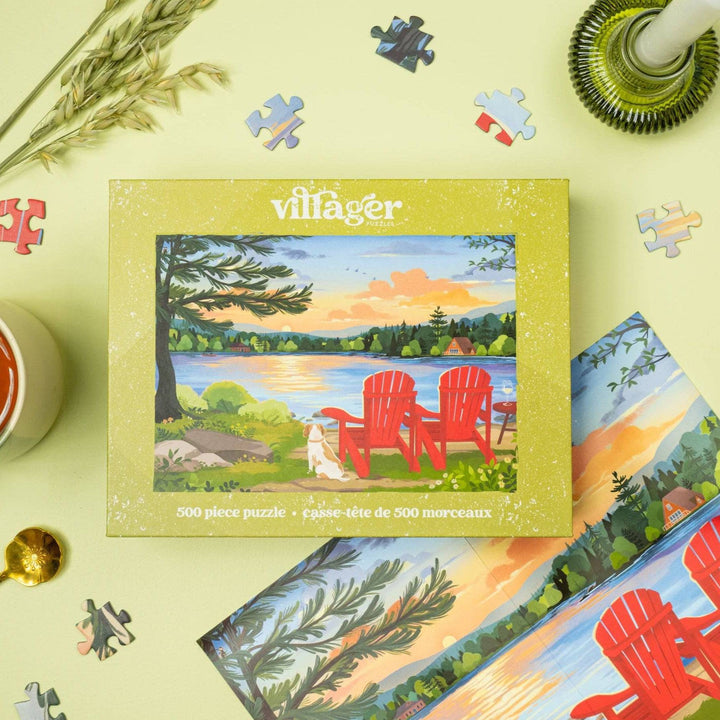Villager Puzzles Cottage Country 500-piece puzzle featuring scenic rural Ontario landscape, assembled with vibrant details.