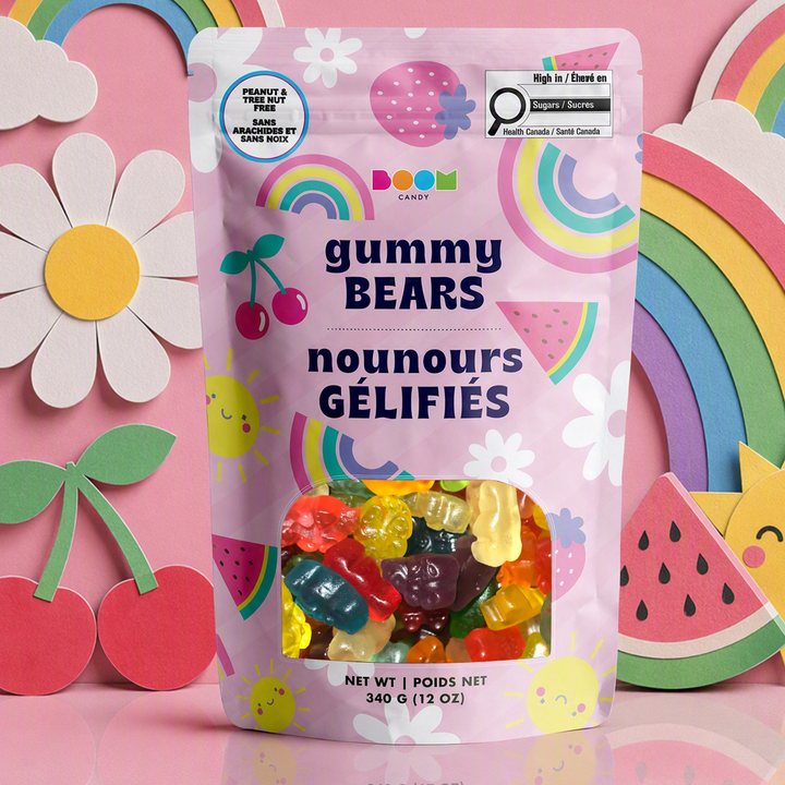 A stand-up pouch of doodle candy gummy bears labeled &