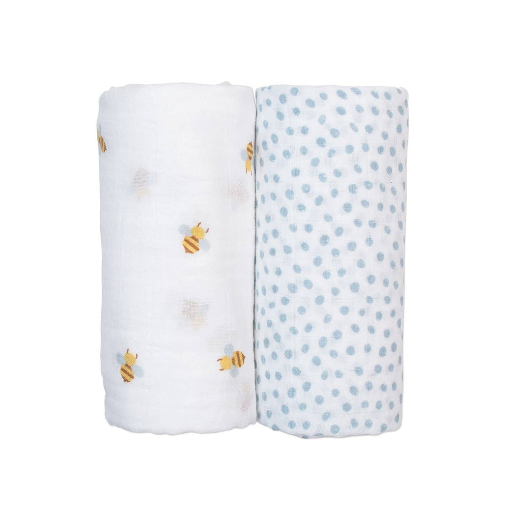 Two baby swaddle blankets, one with bee patterns and the other with blue polka dots, on a white background.
