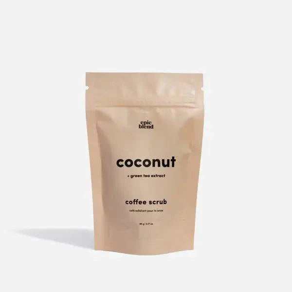 Vegan coconut coffee scrub by Epic Blend, natural bath and body product with textured coconut and coffee exfoliants.