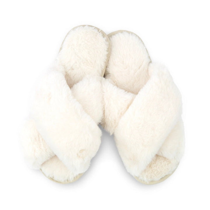 A pair of white plush crossband slide house slippers with a hard sole.