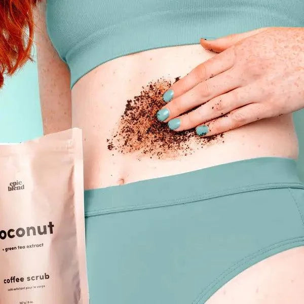 Vegan Coconut Coffee Scrub from Epic Blend in a jar, ideal for exfoliating bath and body skincare.